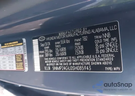 2025 Hyundai Santa Fe Sel z USA, uszkodzony, nr VIN 5NMP24GL0SH085943